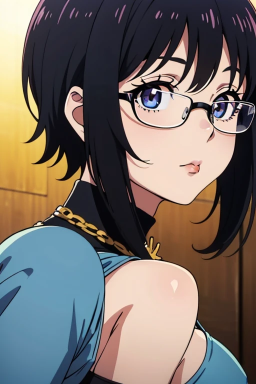 (masterpiece, high resolution, best quality, anime colored, anime screencap, 8k, photorealistic), Shizuku Murasaki, 1girl, cute, black hair, short hair, glasses, expressionless, huge breast, (long sleeve, tight black turtleneck ), (upper body:1.5, looking at away, from side, breast focus), denim, inverted cross chain necklace, (perfect detailed anatomy, beautiful detailed eyes&hair, beautiful face, shiny skin), sunlight church