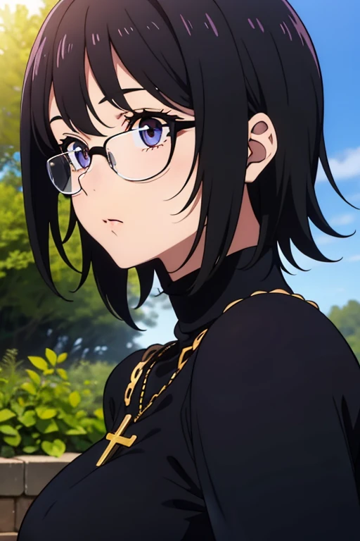 (masterpiece, high resolution, best quality, anime colored, anime screencap, 8k, photorealistic), Shizuku Murasaki, 1girl, cute, black hair, short hair, glasses, expressionless, huge breast, (long sleeve, tight black turtleneck ), (upper body:1.5, looking at away, from side, breast focus), denim, inverted cross chain necklace, (perfect detailed anatomy, beautiful detailed eyes&hair, beautiful face, shiny skin), sunlight church