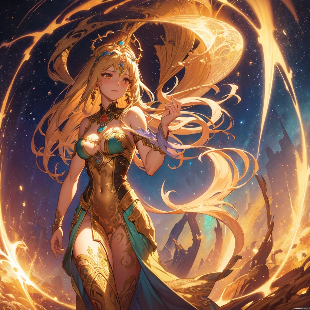 (obra maestra、highest qualityr、Detalles intrincados、El ultra-detallado、Ultra calidad、high resolusion、Las mejores sombras、The best lighting、4k) Once palabras clave: El cabello es dorado Beautiful blonde Longevity and immortality Beautiful figure Outstanding skills Harmony with nature Noble culture Ancient races Fantasy works Role-playing games Beauty and elegance Dark wizard girl Magical talent Hembras una chica de belleza mistic Criaturas ficticias Vestidos transparentes antiguos The buttocks are seen through a cuatro patas emphasis on the buttocks Sit with a beautiful back Looking back. Dark magician girl en un paisaje chino