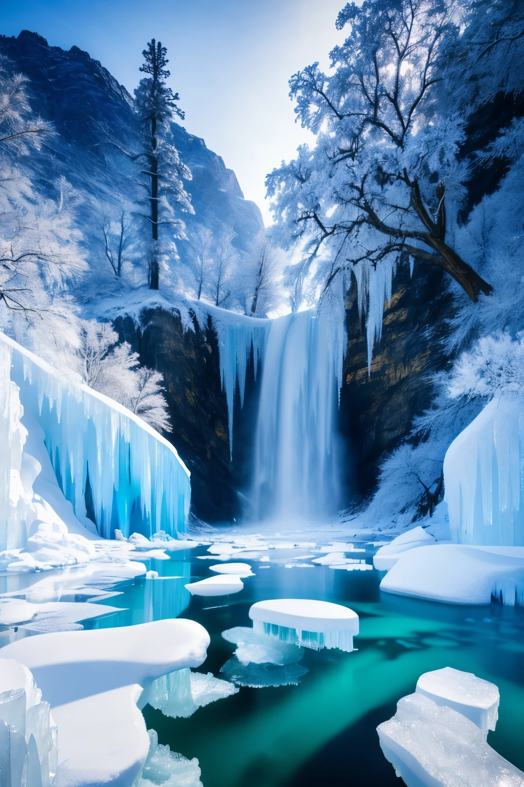 Masterpiece, ultimate quality, CG unity 8k wallpaper, super delicate, beautiful icy landscape, frozen waterfall in full splendor, intricate ice formations shimmering in the sunlight, frozen crystals sparkling with a million facets, breathtakingly beautiful, rich in details and textures, blue ice underneath catching the light, majestic and powerful, no sign of human presence, perfect stillness and tranquility, has already won a photo contest, background blurring, full depth of field, HDR high dynamics, true restoration, intricate details, extremely detailed shadows, dynamic angles, beautiful detail glow, frozen moment in time, true embodiment of winter wonderland.