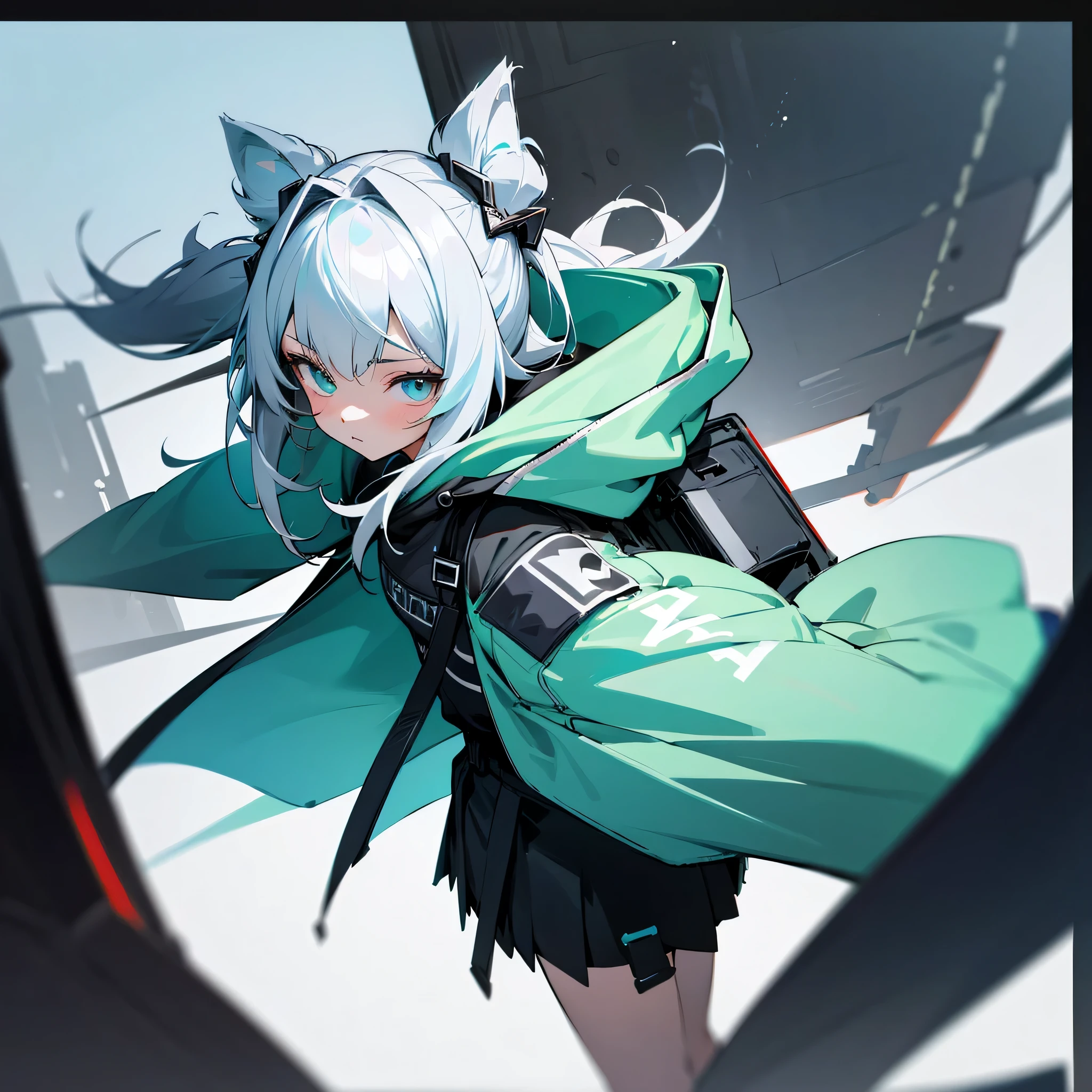 1girl, jacket, outdoor, hoodie, open jacket, chain,cute, kawai, looking at another, trending on artstation, 8k resolution, highly detailed, anatomically correct, sharp image, digital painting, concept art, trending on pixiv, soft femenine colors, cyan ,monocromatic colors, black and white, attractive aspect, hot look, arknights looks, arknights anime