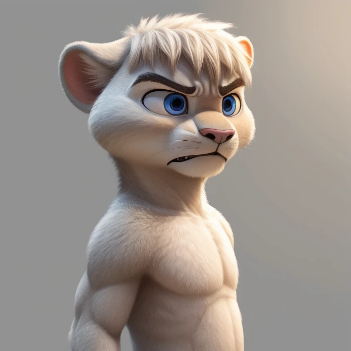 young white lion, solo, male focus, blue eyes, topless, cut bangs, standing, (angry), looking to the front, full body, (soft shading), 4k, detailed face, detailed eyes, detailed, zootopia style, blank background, back side view, 60º angle