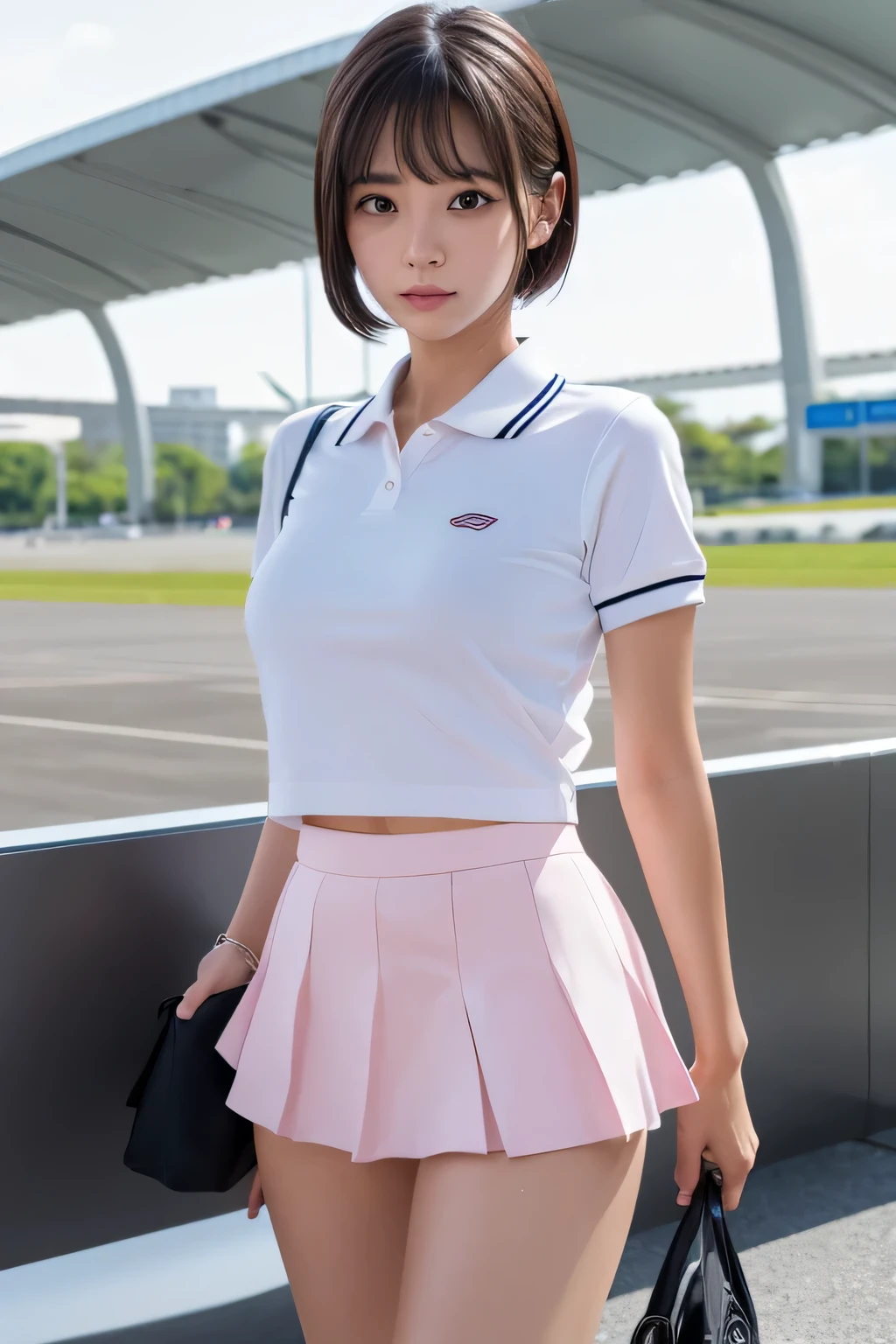 1 girl, alone, White polo shirt, white sneakers, Pink tennis suit: 1.3, white miniskirt, masterpiece, top quality, actual, Ultra-detailed, (shiny skin, sweaty: 1.4), absurd, camera stare, short black hair, brown eyes, thin and long, dynamic lighting, high resolution, sharp focus, depth of field, delicate eyes, sharp vision, actual eyes, (big deal: 1.2), (Thick thighs: 1.0), outdoor, Sky, korean idol, nogizaka idol, idol carving, actor,Standing at the airport