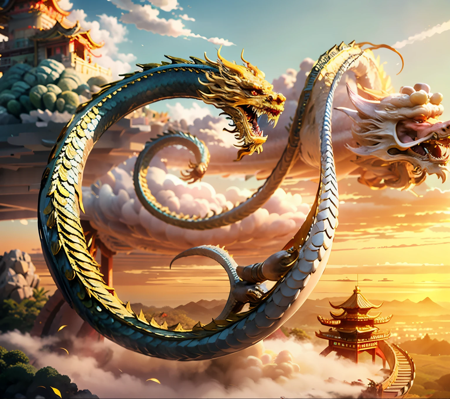 ((best qualtiy)), ((tmasterpiece)), (A detailed), A Golden {Chinese Dragon},in a panoramic view,Chinese loong,mythological beasts,photorealestic,mito,chinesedragon,Quaint,Bio mech, perched on a cloud,Chinese architecture,mistic,Homem-Imponente