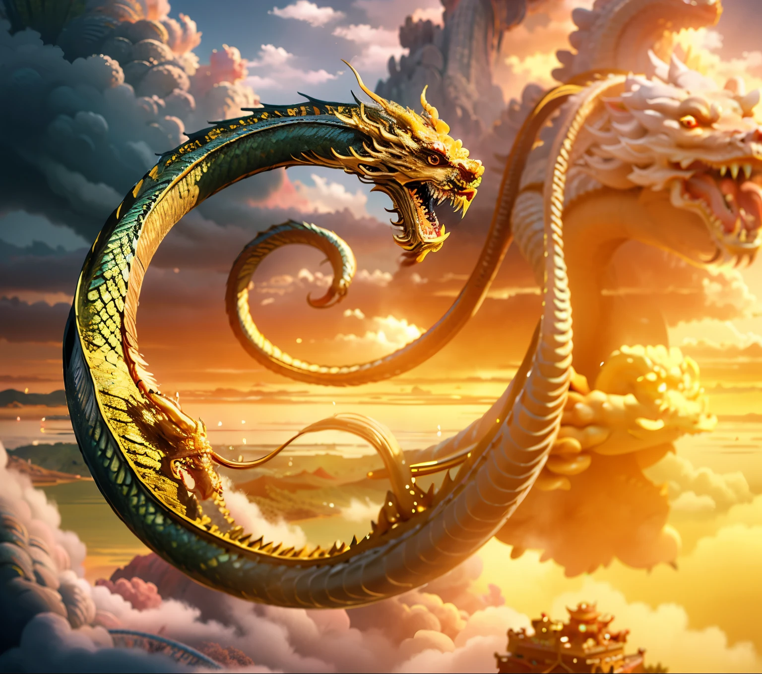 ((best qualtiy)), ((tmasterpiece)), (A detailed), A Golden {Chinese Dragon},in a panoramic view,Chinese loong,mythological beasts,photorealestic,mito,chinesedragon,Quaint,Bio mech, perched on a cloud,Chinese architecture,mistic,Homem-Imponente