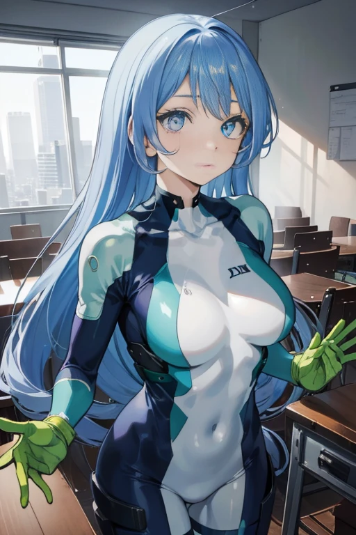 Nejirehadu, Nejire Wave, blue eyes, blue hair, long hair,
break blue body suit, body suit,  gloves, green body suit, multicolored body suit, colorful clothes, yellow gloves,
break looking at viewer, whole body,
break indoors, classroom,
break (table top:1.2), highest quality, High resolution, unity 8k wallpaper, (figure:0.8), (beautiful and fine eyes:1.6), highly detailed face, perfect sentence, Highly detailed CG, (perfect hands, perfect anatomy),