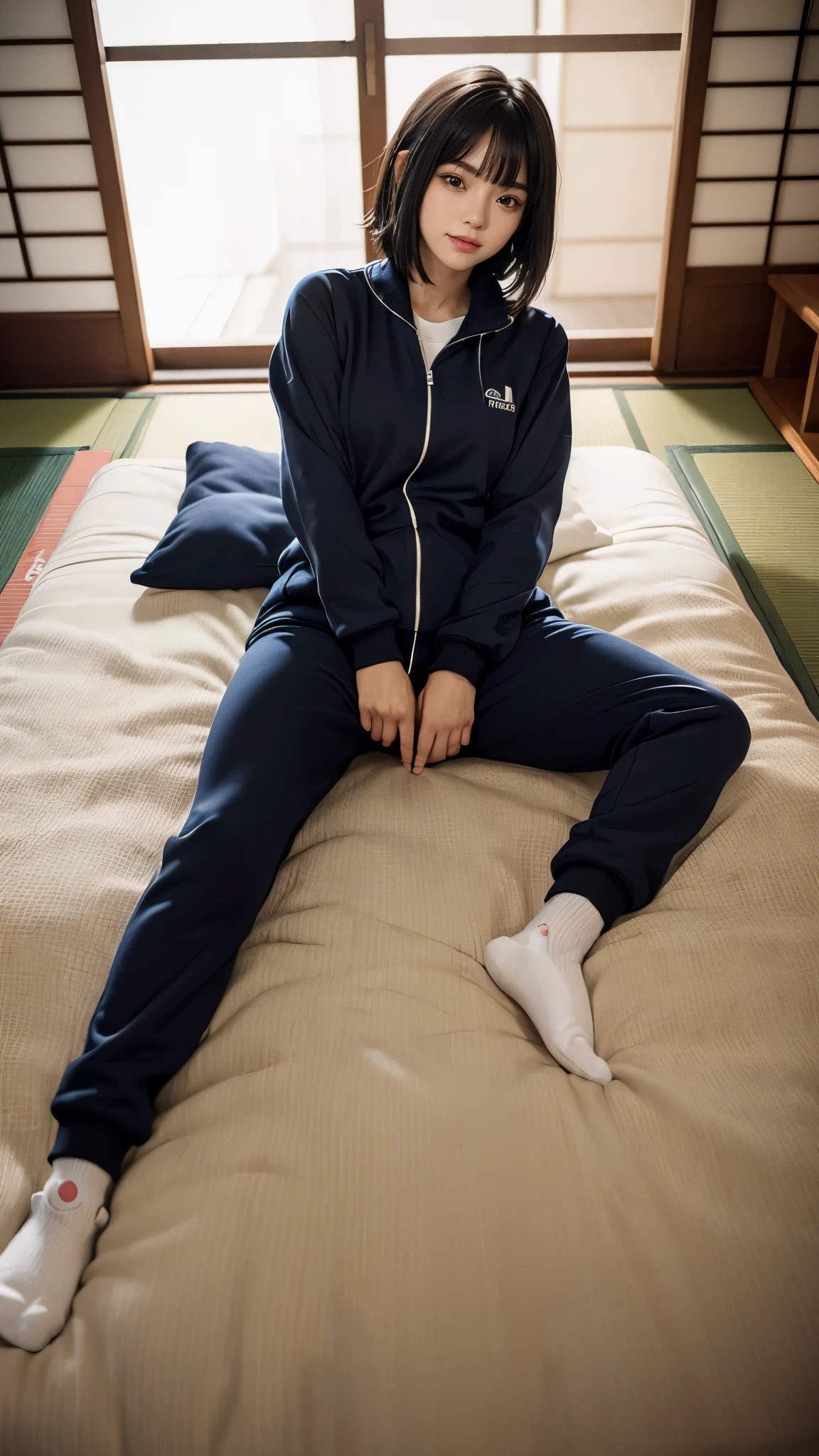 ((backwards:1.8, Point your butt at the camera:1.8, Rubbing your buttocks with your hands:1.8, Japanese-style room at the ryokan:1.8, Sleep on a futon:1.5)), ((tracksuit:1.8, short socks:1.8)), (smile:1.5), erect nipples, 1 girl, solo, 18-year-old, 7 head and body, Ideal ratio body proportions, black hair, With bangs, small breasts, slender, small butt, beautiful feet, skinny legs, Surrealism, cinematic lighting, Depth of bounds written, first person perspective, Breasts F/1.8, 135mm, ticker, muste piece, curate, ((anatomically correct:1.3)), textured skin, super detail, high details, high quality, Awards, best quality, High resolution, 8K