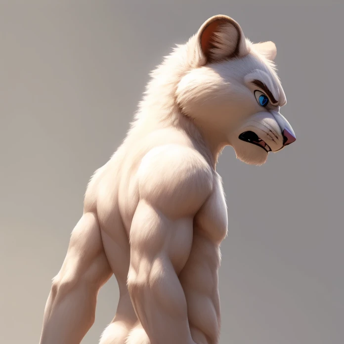 young white lion, solo, male focus, blue eyes, topless, cut bangs, standing, (angry), looking to the front, full body, (soft shading), 4k, detailed face, detailed eyes, detailed, zootopia style, blank background, back side view, 60º angle