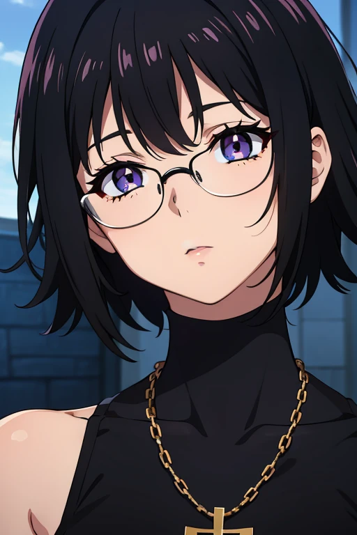 (masterpiece, high resolution, best quality, anime colored, anime screencap, 8k, photorealistic), Shizuku Murasaki, 1girl, cute, black hair, short hair, glasses, expressionless, huge breast, (long sleeve, tight black turtleneck ), (upper body:1.5, breast focus, looking at away, from side), denim, inverted cross chain necklace, (perfect detailed anatomy, beautiful detailed eyes&hair, beautiful face, shiny skin), sunlight church