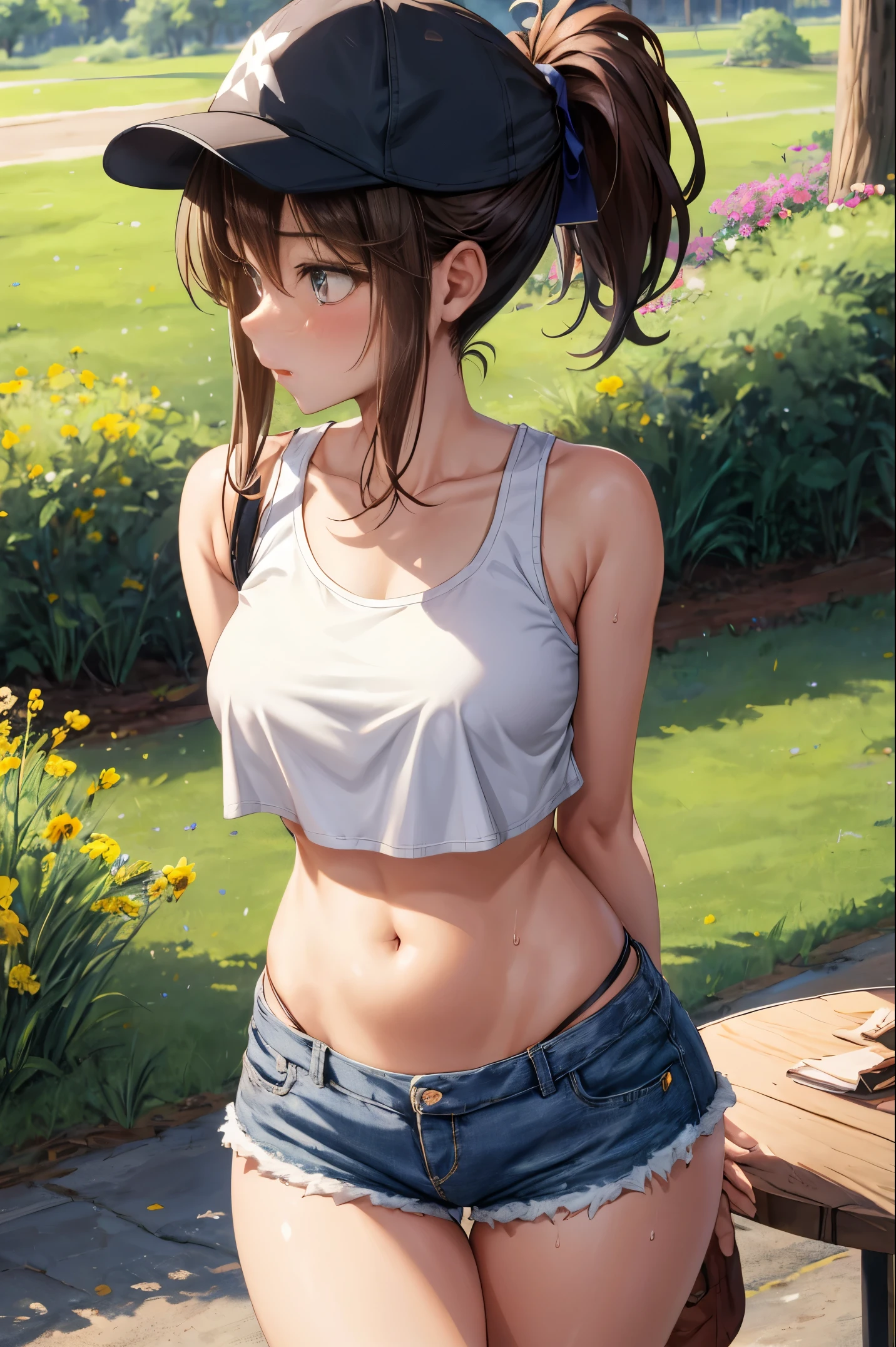 beautiful, (table top:1.2), (highest quality:1.2), perfect eyes, perfect face, perfect lighting, 1 girl、Very embarrassed、blush、a lot of sweat、back boob, baseball cap, 黒のpanties, chest, brown hair, crop top, cutoffs, denim, denimshorts, High leg, High legpanties, long hair, Central ditch, Large chest, micro shorts, panties, ponytail, short shorts, shorts, side boob barbosa,  alone, Tank top, thighs thighs thighs, T-back, underwear, field, grassy area, sidewalk, huge ass, wide hips, arms at the sides