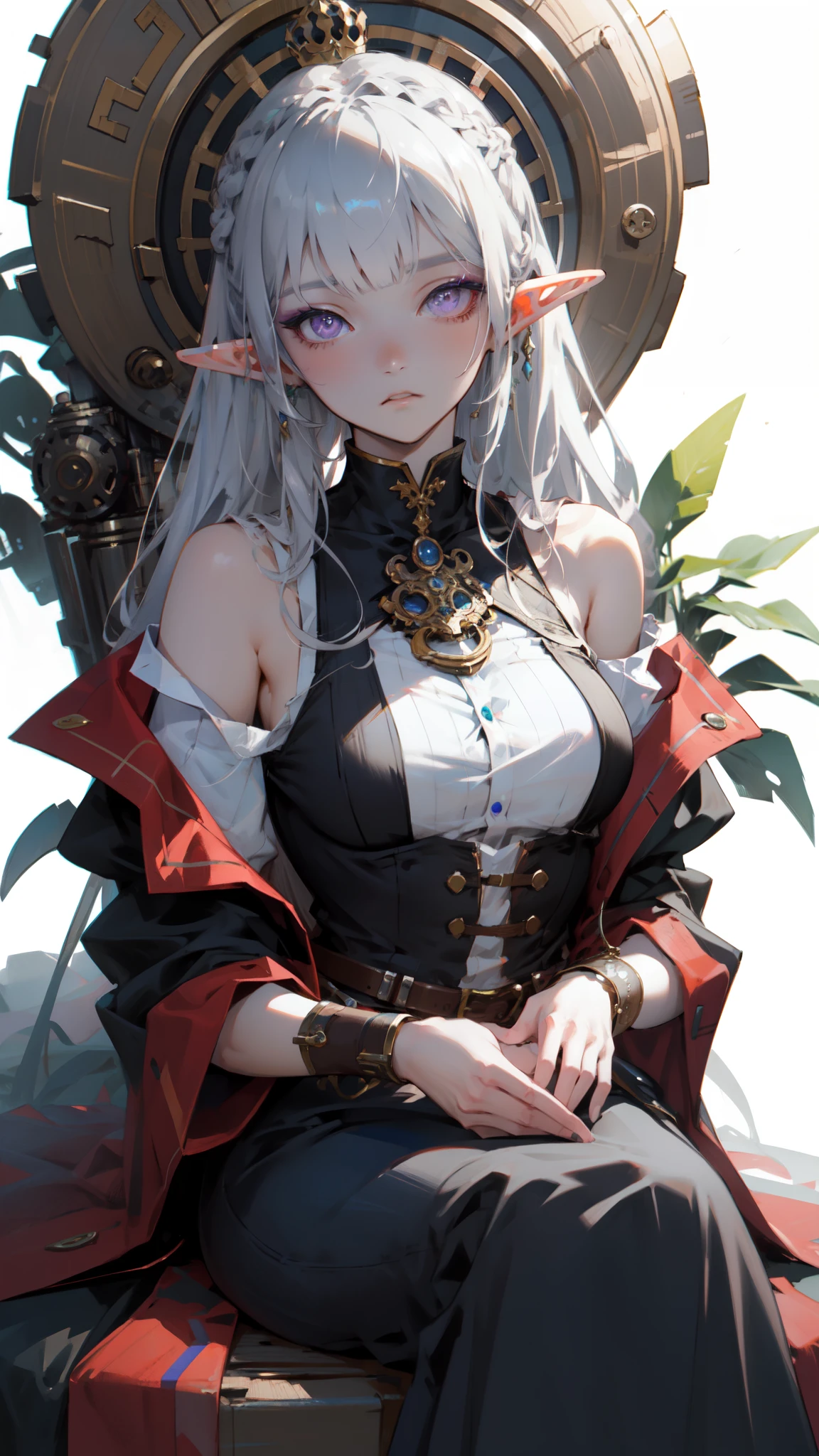 ((masterpiece )), (top quality), (best quality), ((ultra-detailed, 8k quality)), Aesthetics, Cinematic lighting, (detailed line art), Beautiful digital artwork, Exquisite digital illustration, absurdres, (best composition), 
BREAK, 
(reality: 1.2), potrait of elf girl, (white background), simple steampunk background, hair_ornament, (white off-the-shoulder shirt: 1.3),  Steampunk_costume, crown_braid, expressionless, (++ sitting: 1.2), room, SteamPunkAI, CogPunkAI, Steampunk style, artstation, concept art, illustration in steampunk style by Yoji Shinkawa, by Mikimoto Haruhiko,
BREAK,
highly detailed of (elf), (1girl), perfect face, details eye, delicate eyes, long hair, straight hair, Blunt bangs, (hair between eye), silver hair, purple eyes, (eyelashes, eyeshadow, pink eyeshadow), design art by Mikimoto Haruhiko, by Kawacy, By Yoshitaka Amano,
BREAK, 
((perfect )), nice body, medium , (extremely detailed finger), best hands, perfect face, beautiful face, beautiful eyes, perfect eyes, (perfect fingers), correct , 