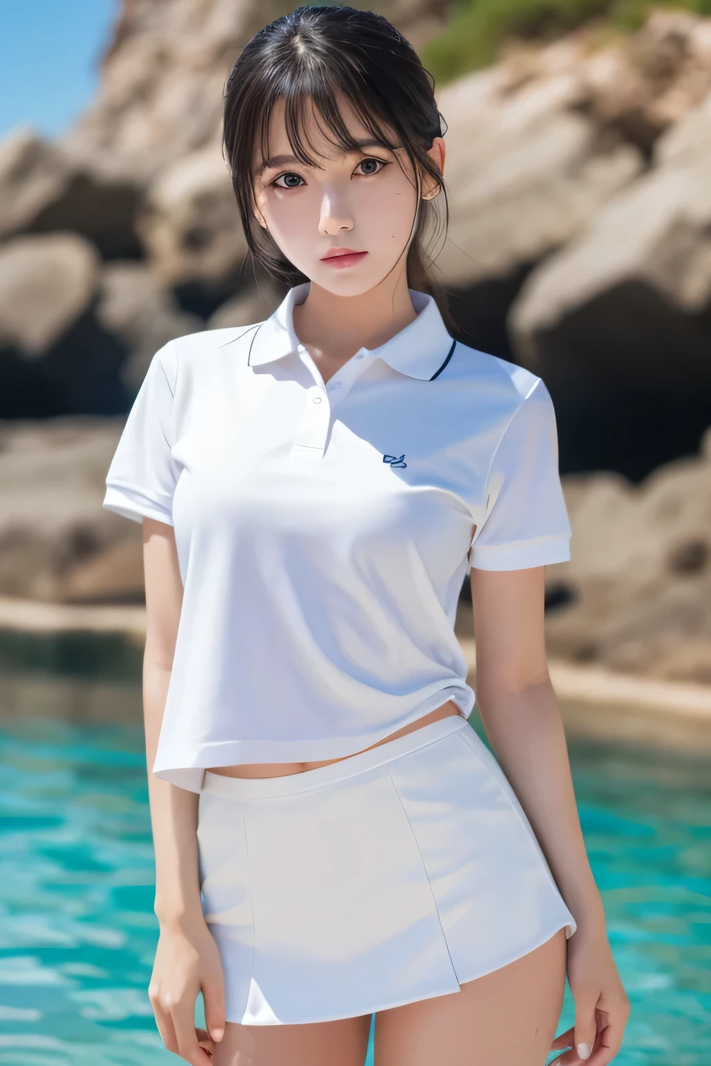 1 girl, alone, White polo shirt, white sneakers, white miniskirt, masterpiece, top quality, actual, Ultra-detailed, (shiny skin, sweaty: 1.4), absurd, camera stare, short black hair, brown eyes, thin and long, dynamic lighting, high resolution, sharp focus, depth of field, delicate eyes, sharp vision, actual eyes, (big deal: 1.2), (Thick thighs: 1.0), outdoor, Sky, korean idol, nogizaka idol, idol carving, actor,Standing on the beach