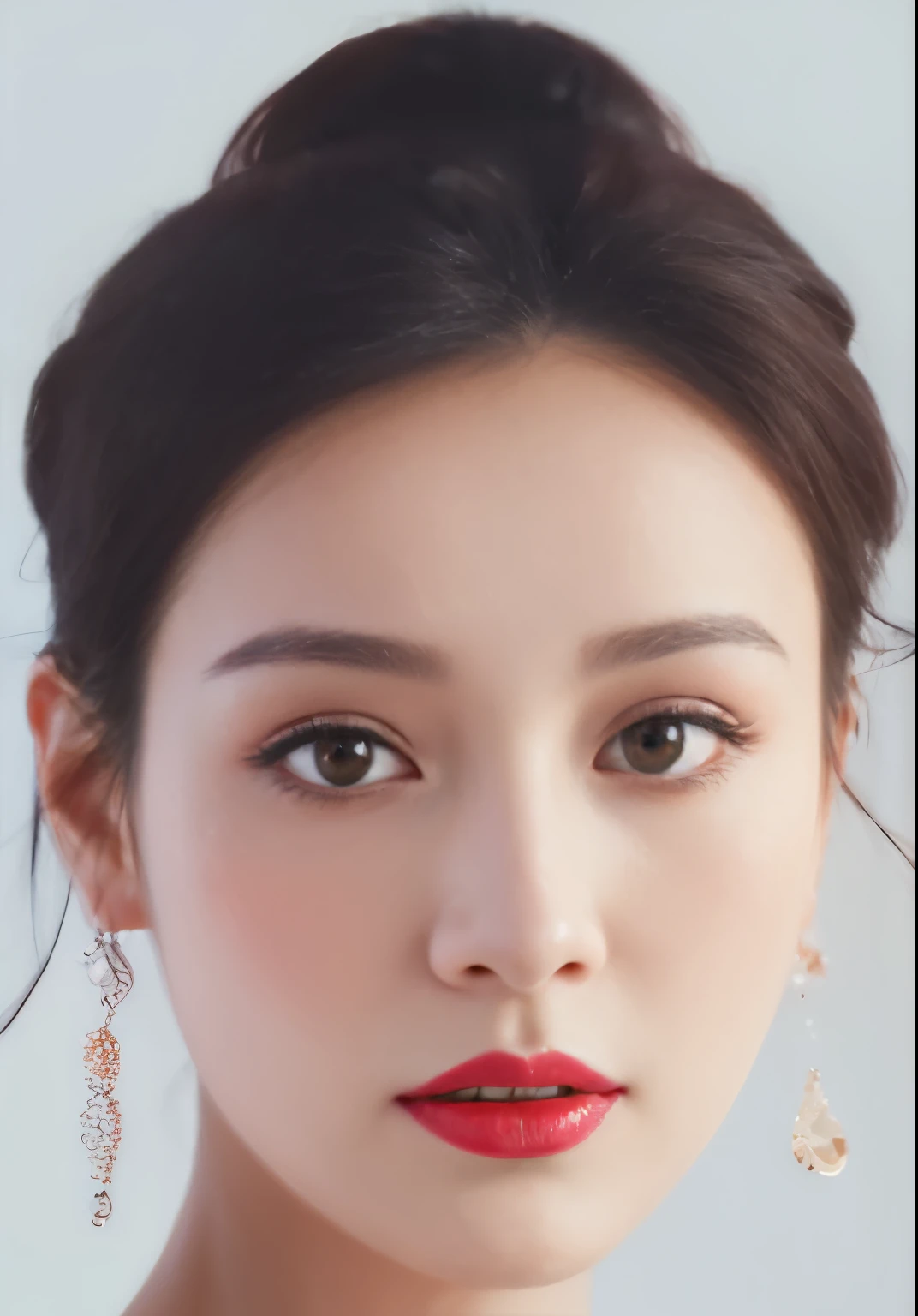 a close up of a woman with a red lipstick and earrings, realistic. cheng yi, inspired by Yanjun Cheng, photorealistic!!!!!!! art style, digital art of an elegant, inspired by Sim Sa-jeong, lovely delicate face, glossy digital painting, inspired by Wen Jia, realistic digital painting, photorealistic beautiful face, kawaii realistic portrait, by Ye Xin