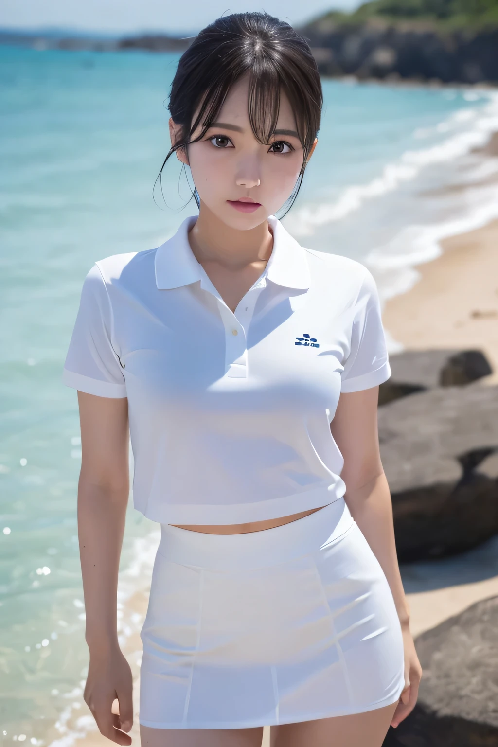 1 girl, alone, White polo shirt, white sneakers, white miniskirt, masterpiece, top quality, actual, Ultra-detailed, (shiny skin, sweaty: 1.4), absurd, camera stare, short black hair, brown eyes, thin and long, dynamic lighting, high resolution, sharp focus, depth of field, delicate eyes, sharp vision, actual eyes, (big deal: 1.2), (Thick thighs: 1.0), outdoor, Sky, korean idol, nogizaka idol, idol carving, actor,Standing on the beach