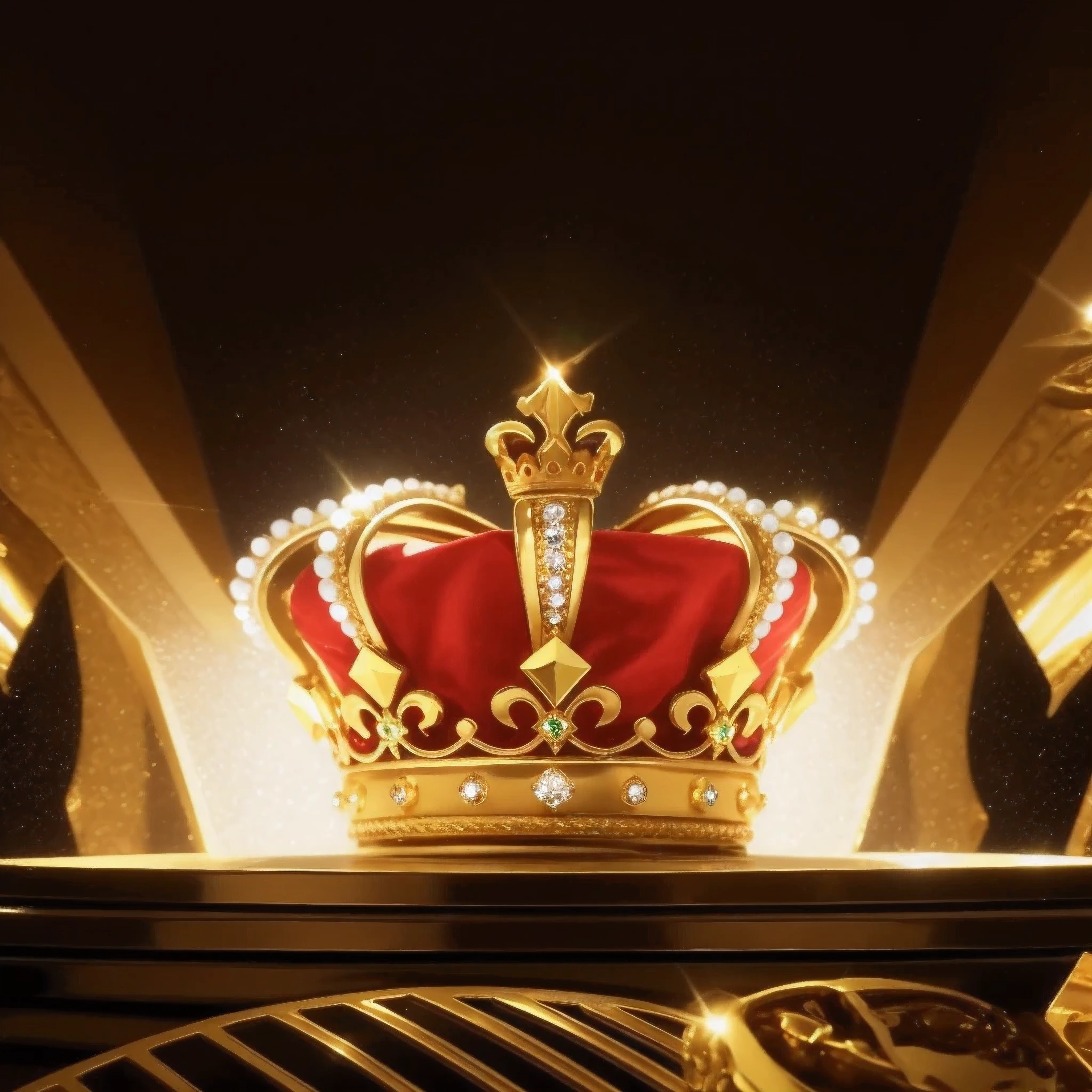 Close-up of the king&#39;s crown on gold table. Black solid background,Set with diamonds, ruby, emeralds, and sapphire. the design it has，and jewelry that reflects light and creates a dazzling effect. The camera is a Nikon D850，Equipped with EE 70mm lens. Resolution 8K，The details are super realistic. The image was taken in a dimly lit room，Spotlight shines on the crown and table. The background is dark and blurry，Emphasize contrast and focus on main themes.