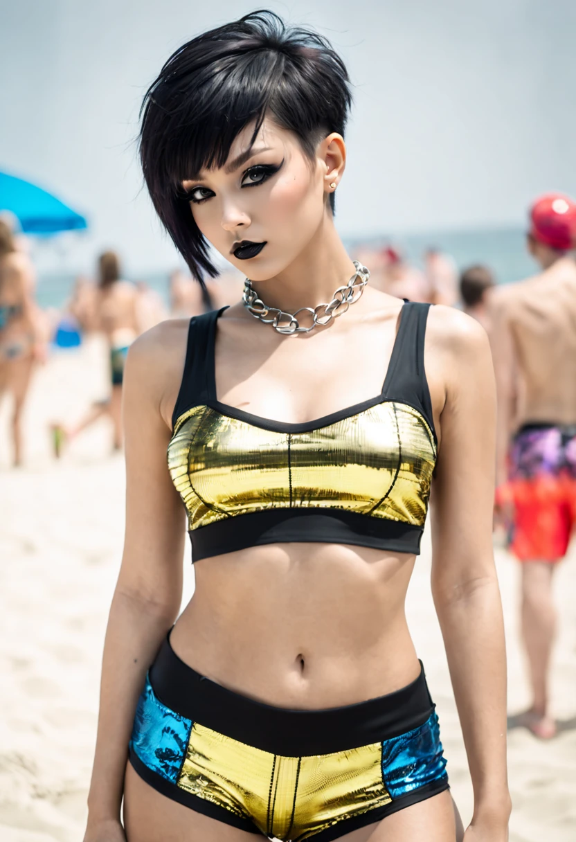 professional photography, ((top-quality)), ((​masterpiece:1.3)), Crisp focus:1.2, beautiful woman with perfect figure: 1.4, slim figure, slender abs: 1.2, highly detailed face and skin texture, detailed eyes, privat beach party, close-up, full body low-angle shot, seductive, sexy, black make-up, techno aesthetic, techno fashion, festival outfit, Chest Crop Top, short hotpants, bold and edgy haircut
