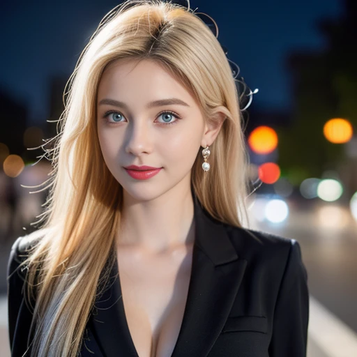 masterpiece,Highest image quality,Super details,sexy smile,amazing face and eyes, (Extremely detailed beautiful face), (The sexiest look), Snow-white breasts,Naked of breast,Deep cleavage,(best quality:1.4), (Super detailed), (Extremely detailed CG unified 8k wallpaper), The content is very detailed, RAW photos, Professional photography, ((Nice business suit)), The sexiest look,Outdoor and below, (deserted commercial street), (night sky), depth of field,Blushed,raised eyebrows,very shy,Blonde hair, blue eyes,Ruddy complexion,looking at the audience,Beautiful dreamcatcher earrings,epic,concept art,glowing eyes,Bright Eyes,black,Deep cleavage,Naked of breast,Perfect breast ball shape,