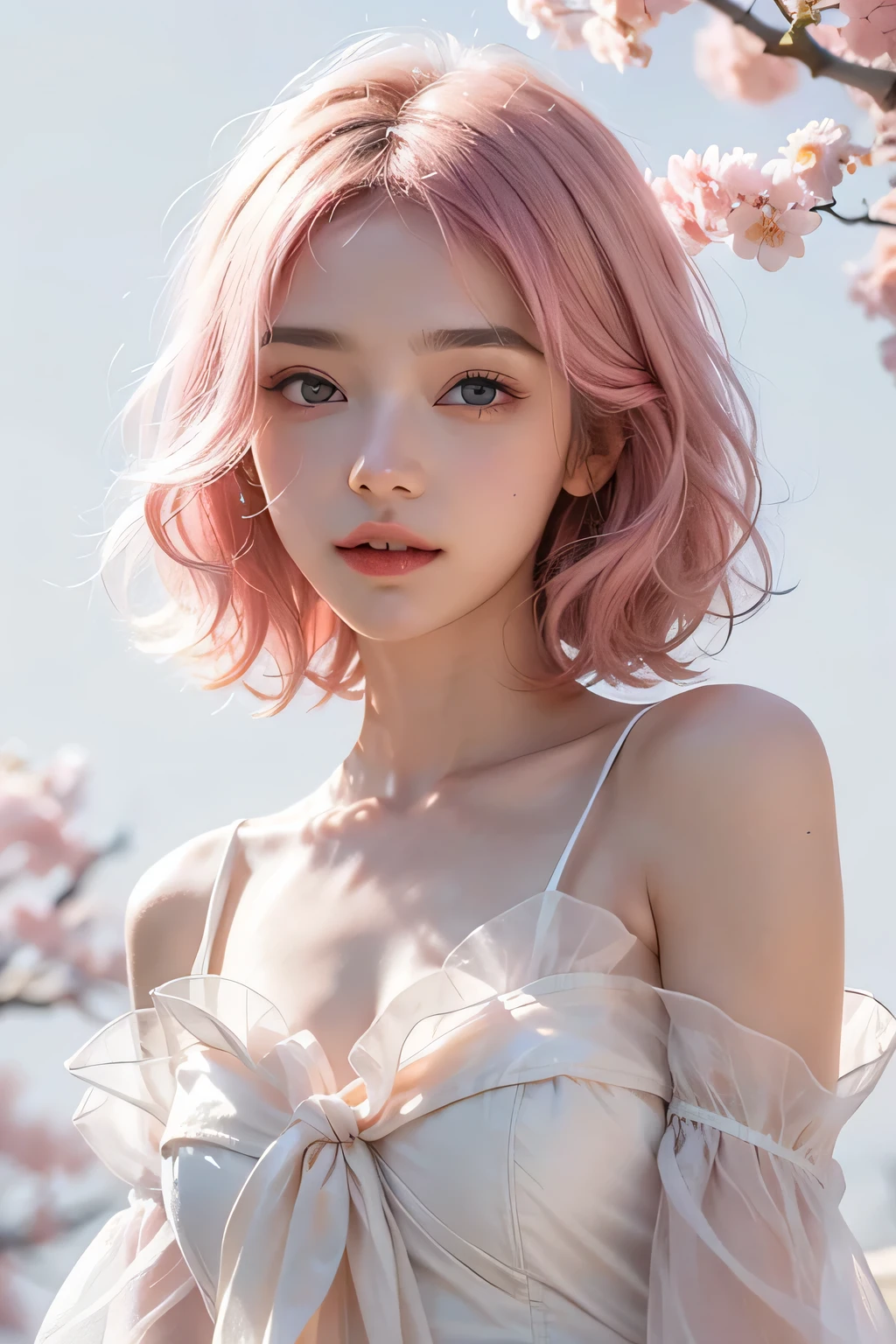 light pink hair, pink eyes, in Pink and white, Cherry blossom leaves, bright colors, white dress, paint splatter, simple background, Ray tracing, curls