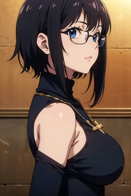 Shizuku Murasaki, 1girl, black hair, short hair, glasses, huge breast, ((black micro bikini)), (upper body, looking at view, arms down), (masterpiece, high resolution, best quality, anime colored, anime screencap, 8k, photorealistic), denim, inverted cross chain necklace, (perfect detailed anatomy, beautiful detailed eyes&hair, beautiful detailed body&breast)