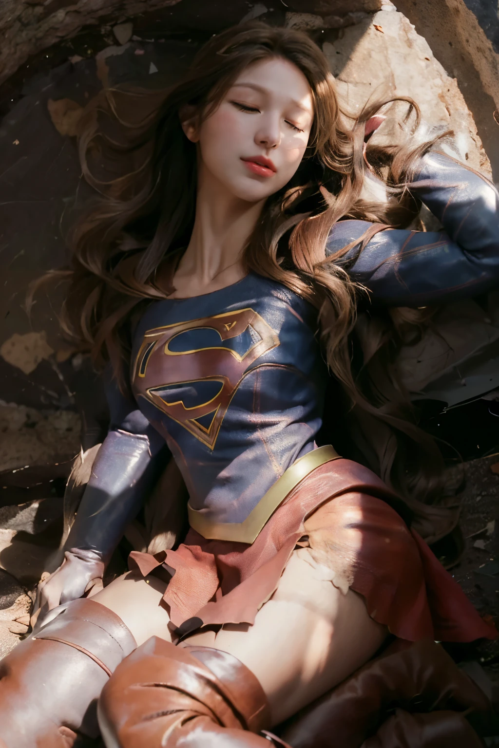 8k, best quality, real picture, intricate details, ultra-detailed, ultra highres, depth field,(photorealistic,realistic:1.2), masterpiece, photo of 1girl, Supergirl, superhero, arms on hips, realistic, red cape, bodysuit, red skirt, red boots, pantyhose, blonde hair, lips, long hair, solo, ruined city background, (lying on back:1.9), (close eyes:1.6), (unconsciousness:1.9), (painful), (defeated from fighting), (semen on face:1.2), (semen on body:1.4), (semen on skirt:1.5), ((torn clothes)), beautiful face, hyper detailed face, eyes close, ((torn and folded up skirt)),