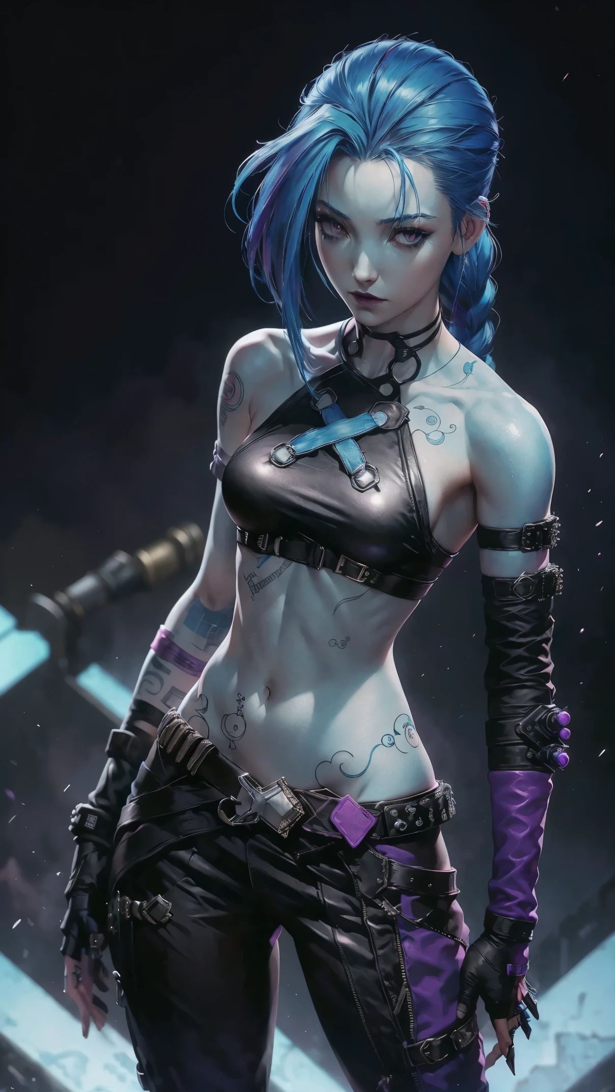 jinx arcano, uma mulher com cabelo azul e tatuagens, mulher cyberpunk mulher anime, pants, Deusa cyberpunk raivosa bonita, estilo de arte cyberpunk, arte digital de anime cyberpunk, arte de anime cyberpunk, Arcane Jinx Retrato, arte de anime cyberpunk, arte com tema cyberpunk, cyberpunk fantasia sombria, estilo arcano, 1 garota, cloud tattoo on the arm, asymmetrical bangs, franja, cabelo azul, blue braids, camisa marrom, tatuagem de nuvem, lateralmente, cabelo azul, cabelo longo, olhos cor de rosa, Red lips, standing , tatuagem de nuvem, Twin braids. Jinx de arcano. Jinx em um lugar em chamas, spark, esferas de luz, Film Poster, Jinx, Arcane\(Liga das Lendas\