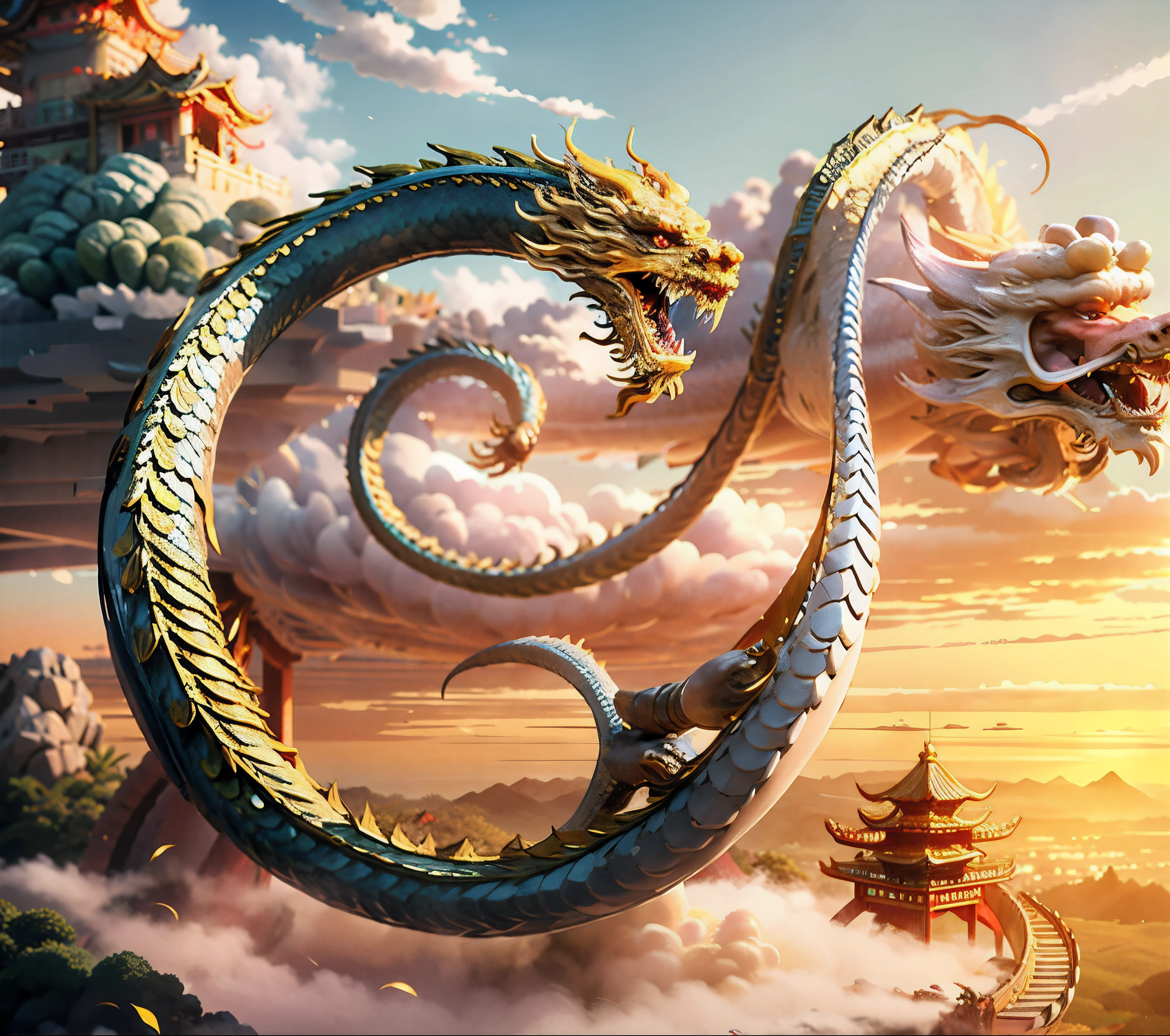 （（best qualtiy））， （（tmasterpiece））， （A detailed）, A Golden {Chinese Dragon}，in a panoramic view，Chinese loong，mythological beasts，photorealestic，mito，chinesedragon，Quaint，Bio mech， perched on a cloud，Chinese architecture，mistic，Homem-Imponente