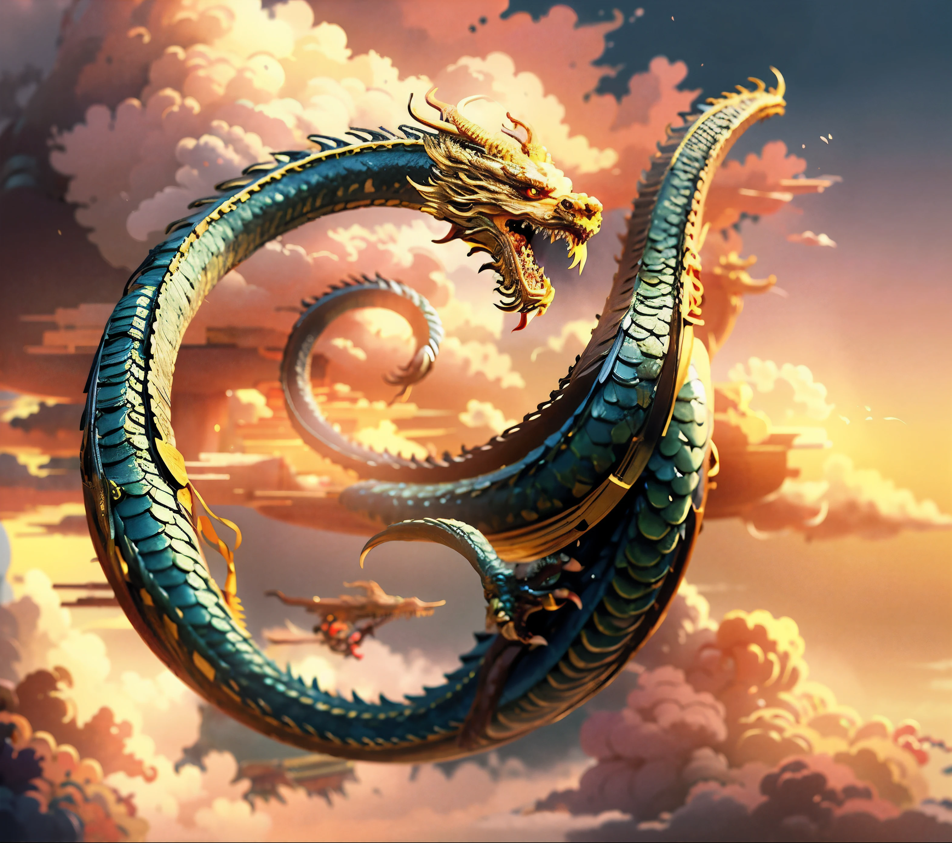 （（best qualtiy））， （（tmasterpiece））， （A detailed）, A Golden {Chinese Dragon}，in a panoramic view，Chinese loong，mythological beasts，photorealestic，mito，chinesedragon，Quaint，Bio mech， perched on a cloud，Chinese architecture，mistic，Homem-Imponente