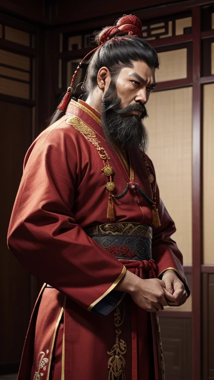 oriental、man in ancient chinese clothes、ancient chinese hairstyle man、three kingdom、multiple warlords、highest quality、masterpiece、ultra high resolution、(realistic:1.4)、game poster、Clear and beautiful image quality、Red clothes、long beard、Embroidered cloth wrapped in a topknot、indoor、angry face、There'desk in front of you