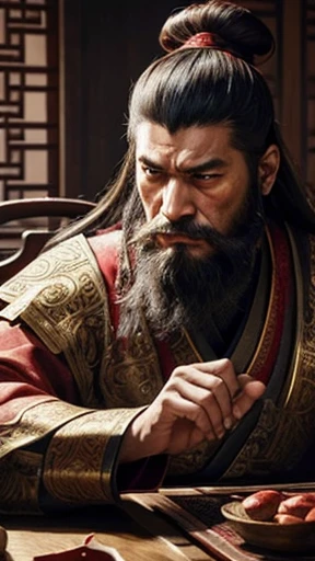 oriental、man in ancient chinese clothes、ancient chinese hairstyle man、three kingdom、multiple warlords、highest quality、masterpiece、ultra high resolution、(realistic:1.4)、game poster、Clear and beautiful image quality、Red clothes、long beard、Embroidered cloth wrapped in a topknot、indoor、angry face、desk in front of me