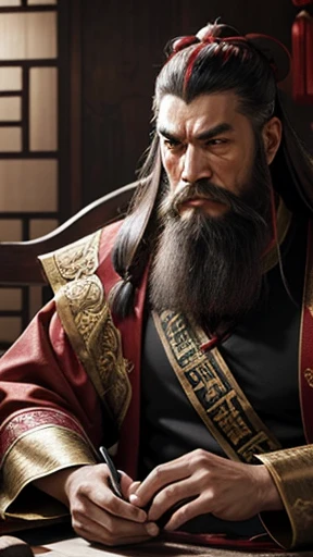 oriental、man in ancient chinese clothes、ancient chinese hairstyle man、three kingdom、multiple warlords、highest quality、masterpiece、ultra high resolution、(realistic:1.4)、game poster、Clear and beautiful image quality、Red clothes、long beard、Embroidered cloth wrapped in a topknot、indoor、angry face、desk in front of me