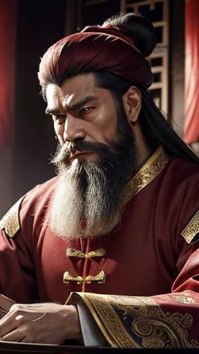 oriental、man in ancient chinese clothes、ancient chinese hairstyle man、three kingdom、multiple warlords、highest quality、masterpiece、ultra high resolution、(realistic:1.4)、game poster、Clear and beautiful image quality、Red clothes、long beard、Embroidered cloth wrapped in a topknot、indoor、angry face、desk in front of me