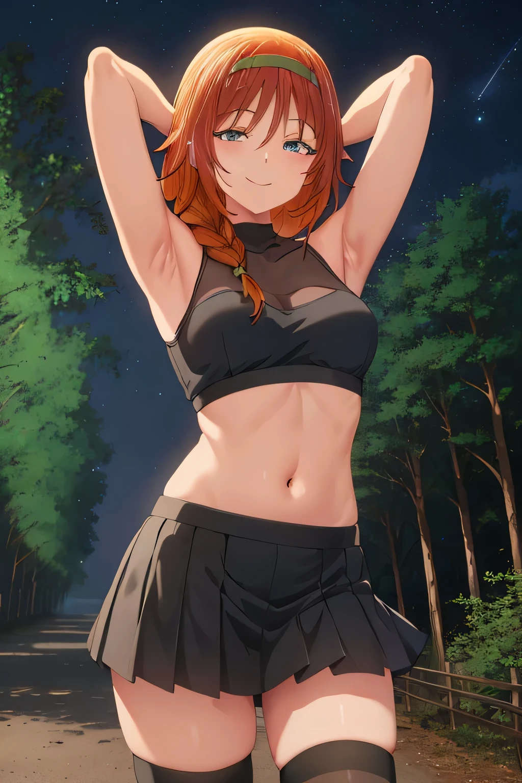 ((masterpiece, best quality, high quality, highres)):1.2,
 closed_mouth, night sky, forest, arms behind head, spread armpits, midriff, contrapposto, cowboy shot, smile,
black thighhighs, skirt, zettai ryouiki, black shirt, 
kagura,  side braid, 