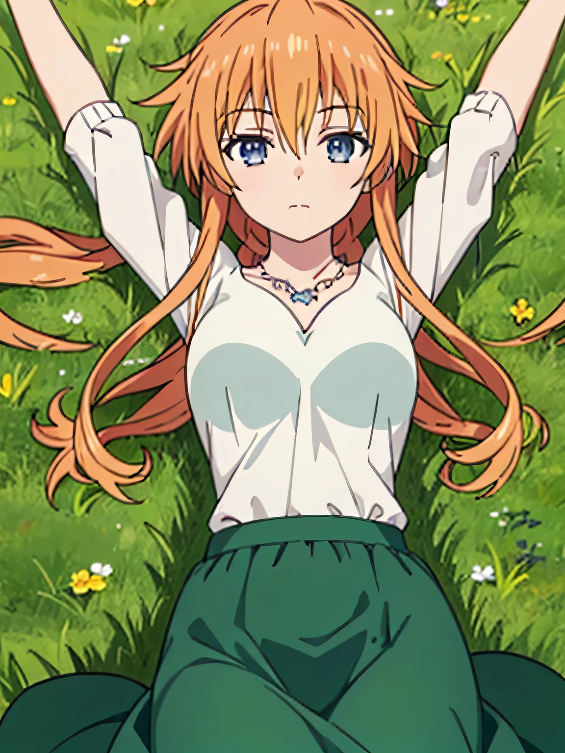 (((pixel-perfect, detail-perfect))), solo, 1girl, yuzuru yamai, white shirt, necklace, green skirt, looking at viewer, closed mouth, spread arms, arms up, expressionless, on back, on grass, looking at viewer, solo, center,