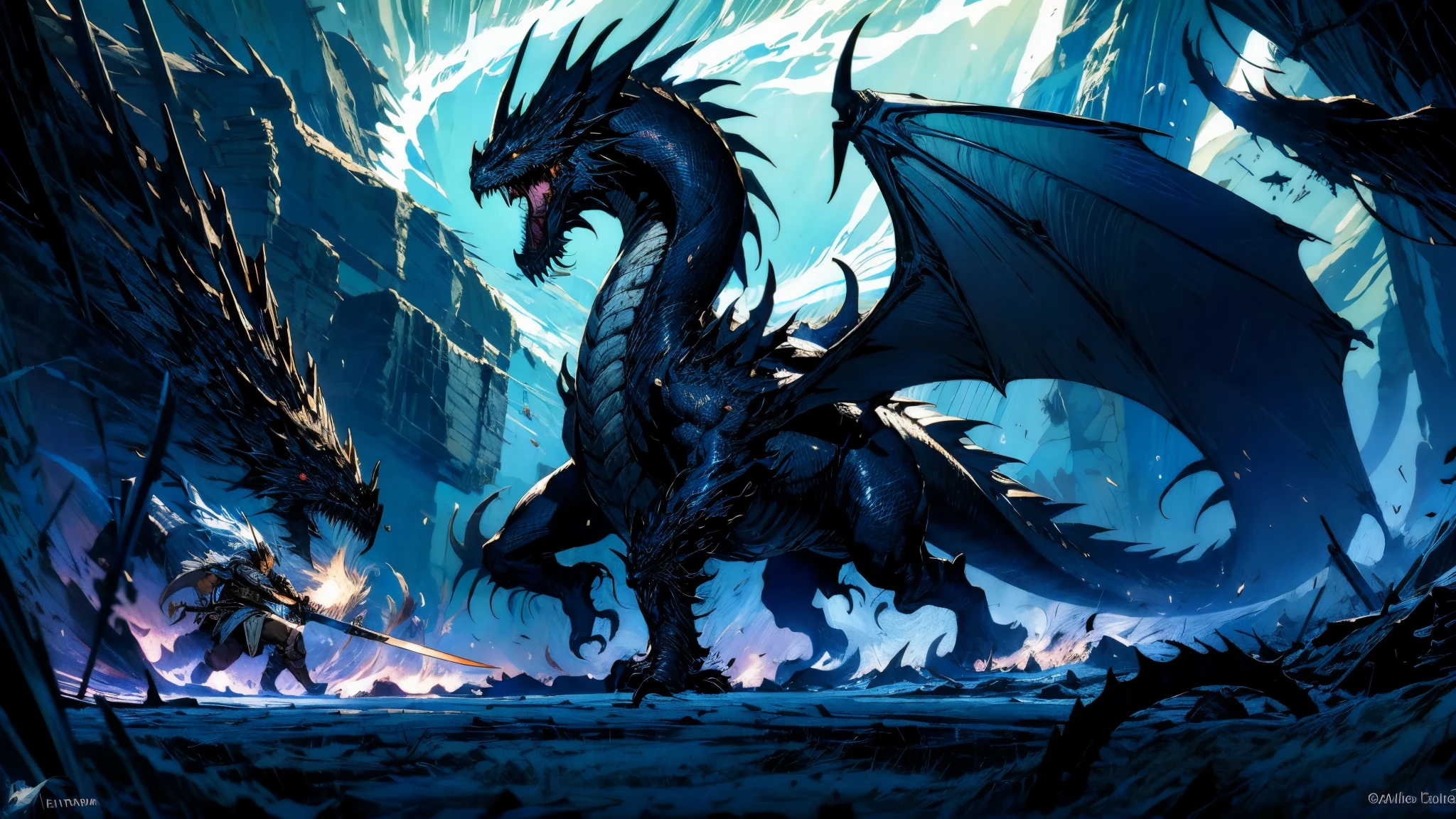 epic confrontation between an adventurer adorned in blue and silver lightweight armor wielding a magnificent radiant sword emitting indigo hues, and a colossal evil black dragon, The adventurer stands firm, facing the immense threat as the sky is shrouded in a dark mist, and the landscape of forests and cities crumbles under the destructive energy emanating from the dragon, Dramatic low-angle shot capturing the adventurer in heroic stance against the towering black dragon, emphasizing the scale and intensity of the battle, high definition, best quality, highres, ultra-detailed, ultra-fine painting, extremely delicate, professional, anatomically correct, creativity, RAW photo, UHD, HDR, 32k, Natural light, cinematic lighting, masterpiece-anatomy-perfect, masterpiece:1.5