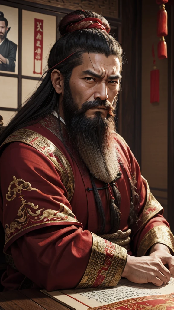 oriental、man in ancient chinese clothes、ancient chinese hairstyle man、three kingdom、multiple warlords、highest quality、masterpiece、ultra high resolution、(realistic:1.4)、game poster、Clear and beautiful image quality、Red clothes、long beard、Embroidered cloth wrapped in a topknot、angry face、desk in front of me