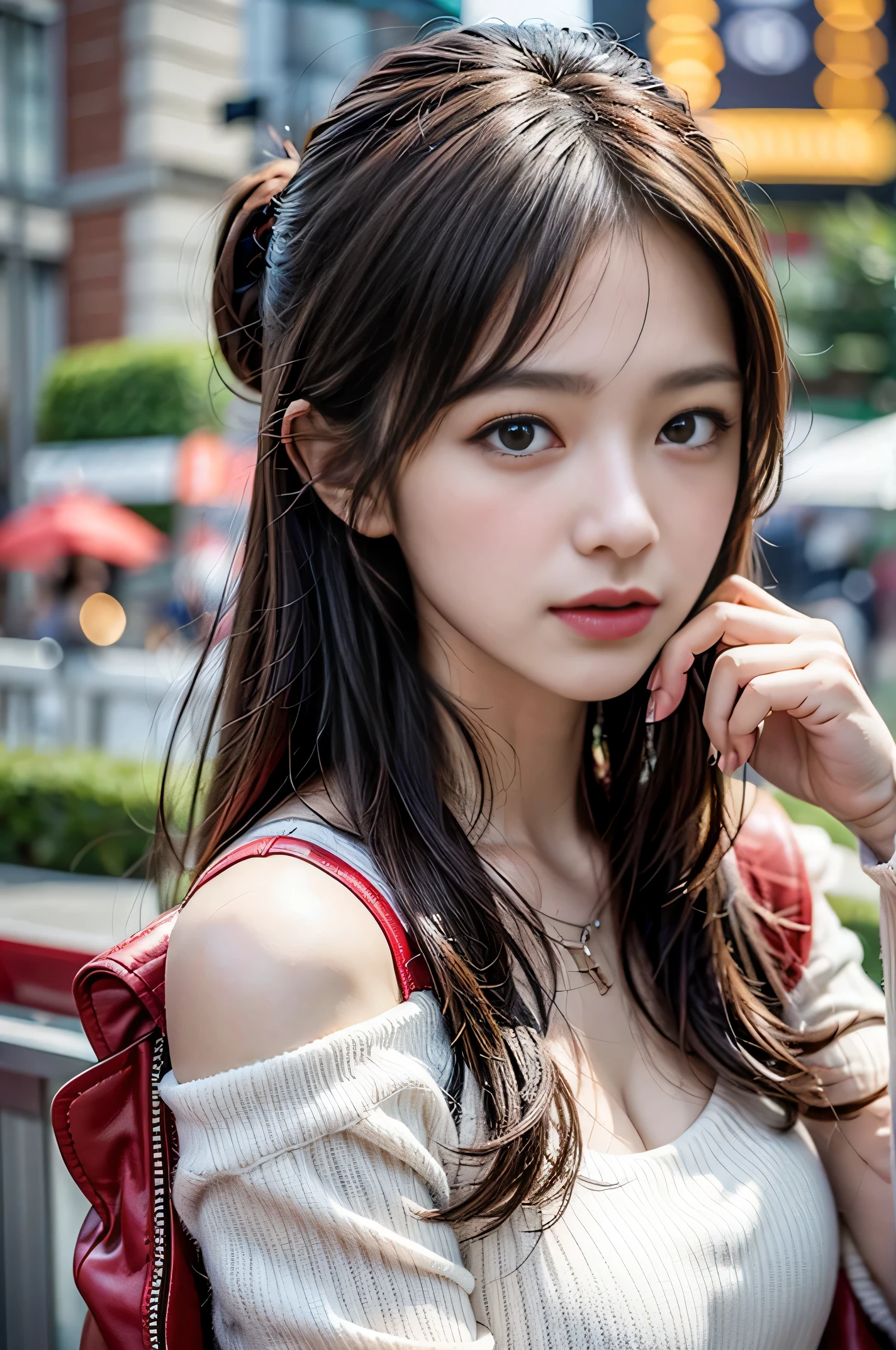 Remove your finger from the lower right corner,Display the background,The woman’s right shoulder strap is redundant,Remove the shoulder straps