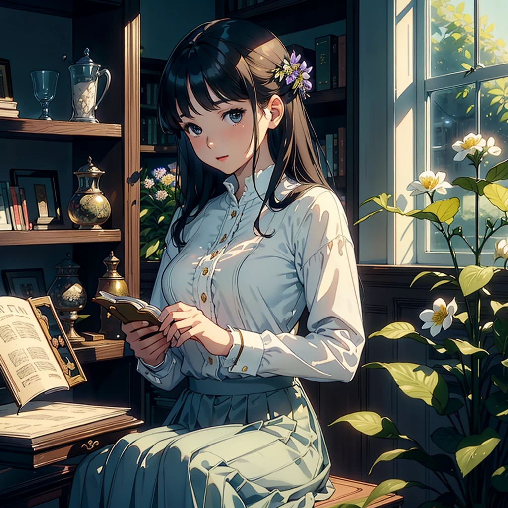 ((Watercolor in Sargent style))、(highest quality、high resolution、masterpiece)、(David Hamilton Style)、(soft focus)、Cinema Angle、cinematic light、soft light、(British traditional public school)、1 woman、23 years old、wonderful、charming beauty、violet evergarden, ((Detailed depiction of a beautiful face))、short black hair、Crisp face、(Detailed facial depiction)、small breasts、small breasts、Sophisticated clothing、((classic uniform))、((long skirt))、(library)、(bookshelf)、Holding a book、perfect hands、(Anatomically accurate depiction of hands and fingers)、(Describe the exact shape of the book)、beautiful environment、calm atmosphere、Calm expression、Quiet moments、Vintage atmosphere、Immerse yourself in reading、bookworm、Thoughtful gaze、classic elegance、 victorian style、A quiet retreat、Majestic bookcase、Traditional atmosphere、Lush green environment、shop window、サイドtable、窓辺のflower、Botanical Garden、table、flower、Foliage plant、wood,