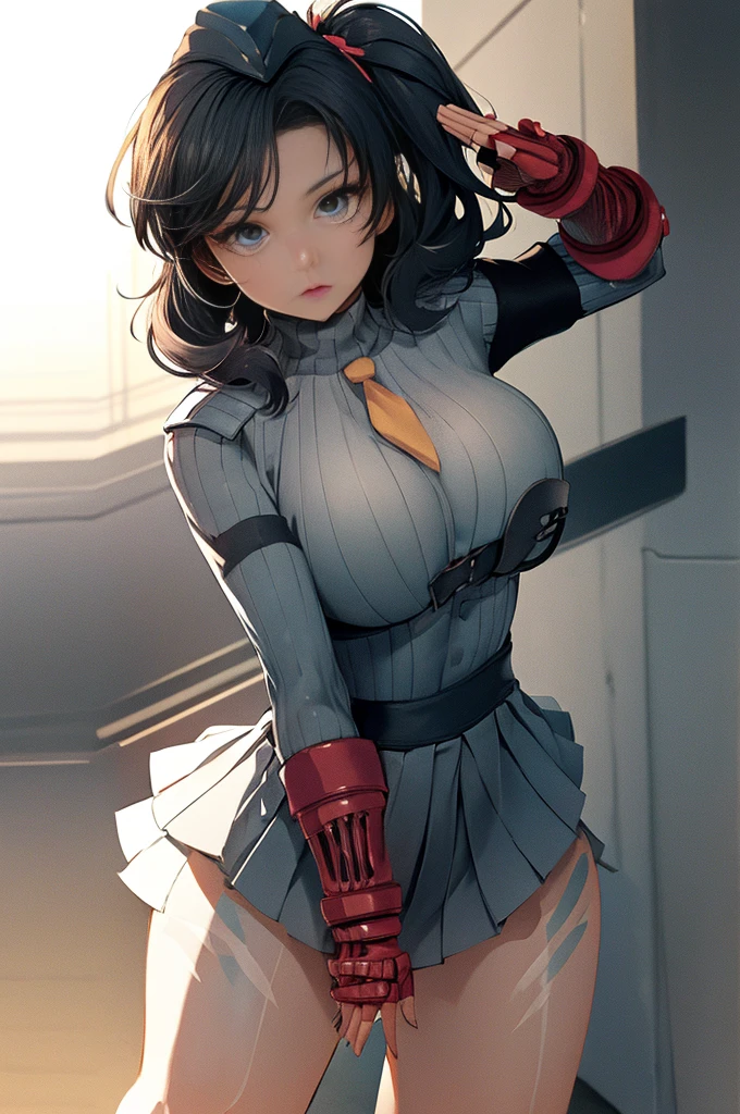 (highest quality、In 8K、32K、masterpiece、nffsw、ultra high resolution、Impressionism、Photoreal:1.2)、angle from above、high angle、big breasts、cowboy shot, detailed face and eyes、 night city、night、beautiful face、blurred background、16 year old beautiful girl、shiny skin、length、beautiful black hair、dull bangs、gray eyes、(pointing:1.2)、sailor suit、pleated mini skirt、curve、stand on one knee、open your legs、Raise your right hand and salute