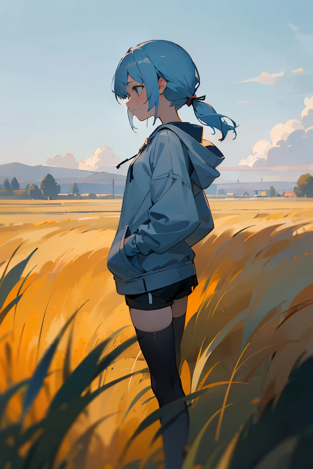 1 girl, short light blue hair with pigtails, gray light hoodie, black shorts, black thigh highs, small breast, small butt, sad and tired expresion, , outside, sunny field, anime clouds, half body, standing, (best quality) s