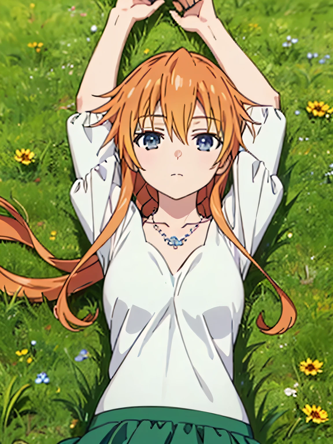 (((pixel-perfect, detail-perfect))), solo, 1girl, yuzuru yamai, white shirt, necklace, green skirt, looking at viewer, closed mouth, spread arms, arms up, expressionless, on back, on grass, looking at viewer, solo, center,