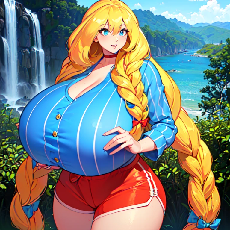 ((masterpiece)), ((best quality)), (ultra-detailed), absurdres, extremely detailed CG unity 8k wallpaper, Official Art, (realistic), beautiful face, detailed hands, expressive eyes, upper body, close up, solo, (scenery, illustration, dramatic lighting:1.1), (standing, arm at side, seductive smile, parted lips:1.2), (1girl, older girl, onee-san, big sister, wide hips, narrow waist, gigantic breasts, older, cassie, theycallhimcake, blonde hair, very long hair, braid, bow, striped shirt, red shorts, blue shirt, sharp eyelashes, thick lips:1.4), ((masterpiece)), absurdres, HDR
