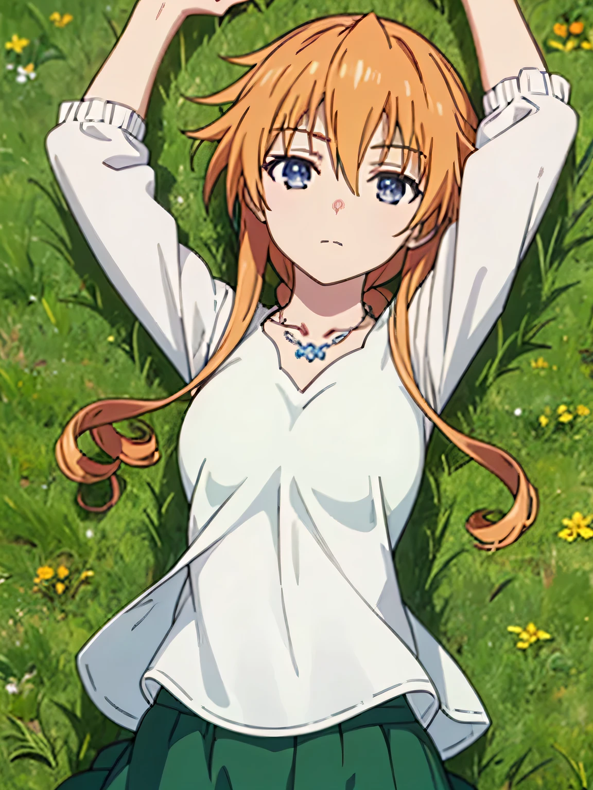 (((pixel-perfect, detail-perfect))), solo, 1girl, yuzuru yamai, white shirt, necklace, green skirt, looking at viewer, closed mouth, spread arms, arms up, expressionless, on back, on grass, looking at viewer, solo, center,