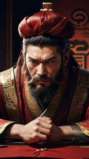 oriental、man in ancient chinese clothes、ancient chinese hairstyle man、three kingdom、multiple warlords、highest quality、masterpiece、ultra high resolution、(realistic:1.4)、game poster、Clear and beautiful image quality、Red clothes、long beard、Embroidered cloth wrapped in a topknot、No background、angry face、desk in front of me