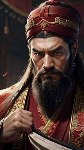 oriental、man in ancient chinese clothes、ancient chinese hairstyle man、three kingdom、multiple warlords、highest quality、masterpiece、ultra high resolution、(realistic:1.4)、game poster、Clear and beautiful image quality、Red clothes、long beard、Embroidered cloth wrapped in a topknot、No background、angry face、desk in front of me