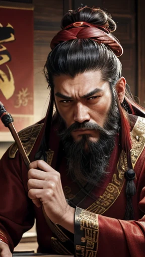 oriental、man in ancient chinese clothes、ancient chinese hairstyle man、three kingdom、multiple warlords、highest quality、masterpiece、ultra high resolution、(realistic:1.4)、game poster、Clear and beautiful image quality、Red clothes、long beard、Embroidered cloth wrapped in a topknot、No background、angry face、desk in front of me