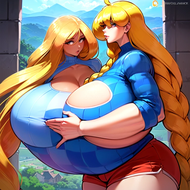 ((masterpiece)), ((best quality)), (ultra-detailed), absurdres, extremely detailed CG unity 8k wallpaper, Official Art, (realistic), beautiful face, detailed hands, expressive eyes, upper body, close up, solo, (scenery, illustration, dramatic lighting:1.1), (standing, arm at side, seductive smile, parted lips:1.2), (1girl, older girl, onee-san, big sister, wide hips, narrow waist, gigantic breasts, older, cassie, theycallhimcake, blonde hair, very long hair, braid, bow, striped shirt, red shorts, blue shirt, sharp eyelashes, thick lips:1.4), ((masterpiece)), absurdres, HDR