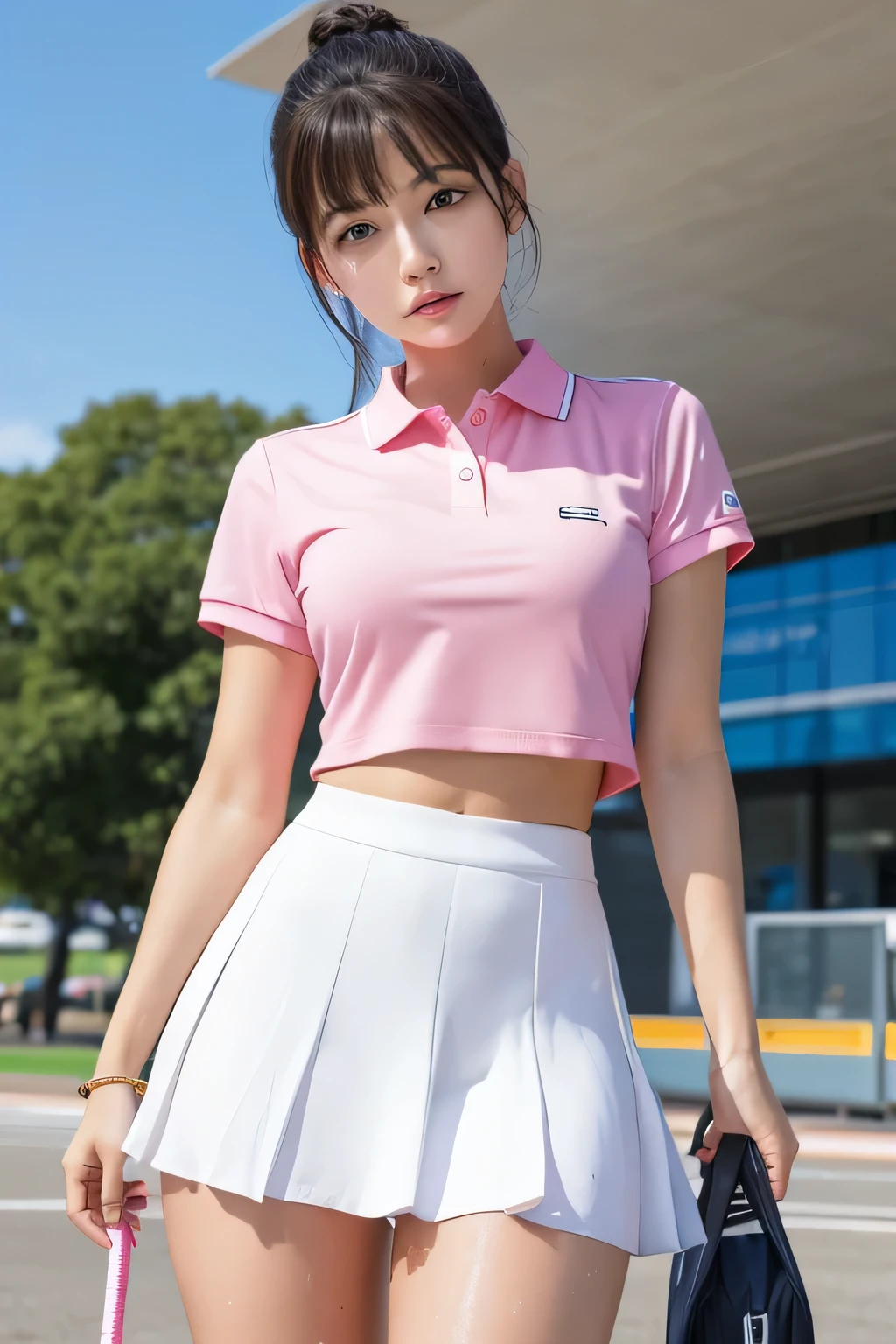1 girl, alone, White polo shirt, white sneakers, Pink tennis suit: 1.3, white miniskirt, masterpiece, top quality, actual, Ultra-detailed, (shiny skin, sweaty: 1.4), absurd, camera stare, short black hair, brown eyes, thin and long, dynamic lighting, high resolution, sharp focus, depth of field, delicate eyes, sharp vision, actual eyes, (big deal: 1.2), (Thick thighs: 1.0), outdoor, Sky, korean idol, nogizaka idol, idol carving, actor,Standing at the airport