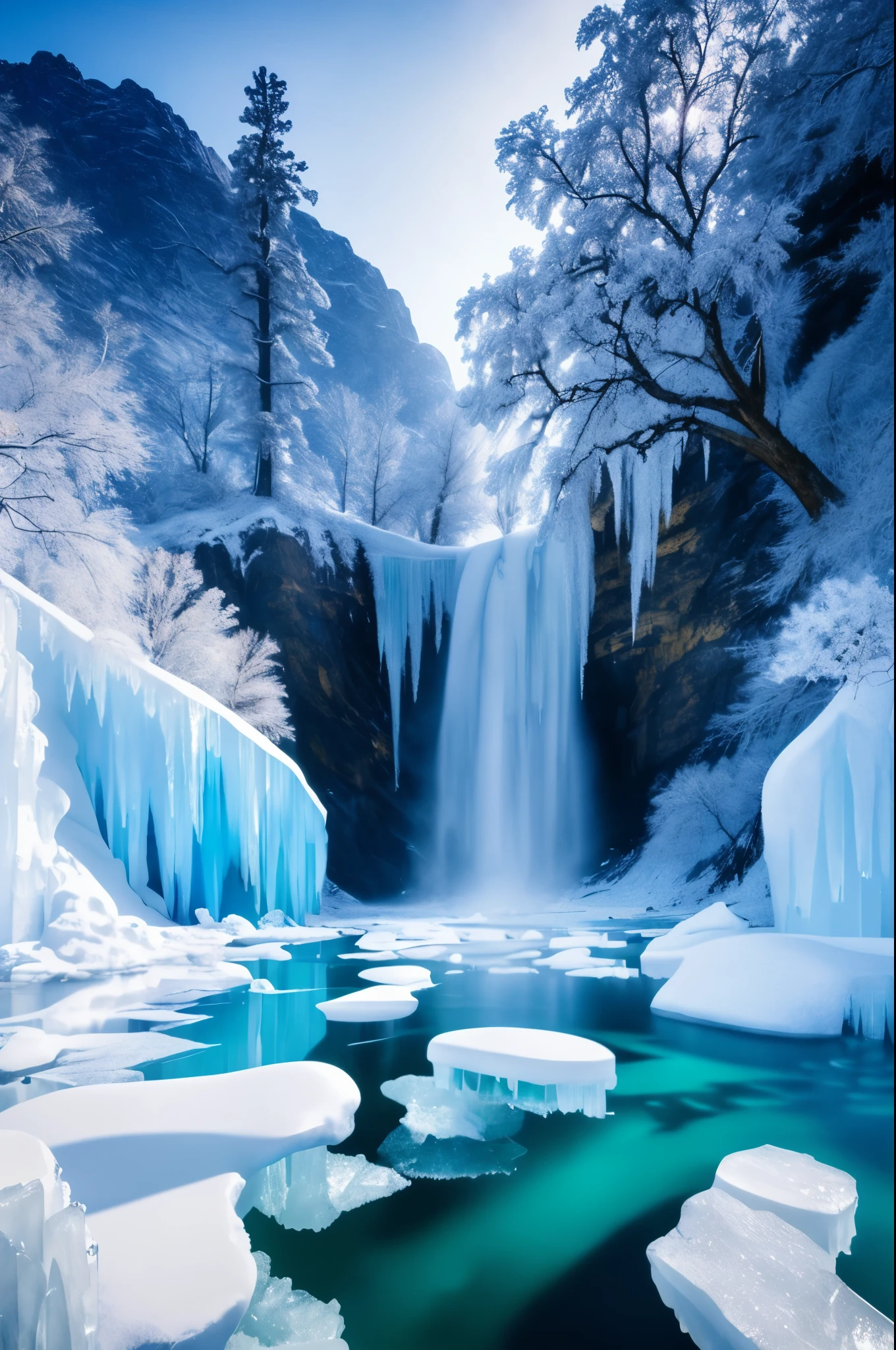 Masterpiece, ultimate quality, CG unity 8k wallpaper, super delicate, beautiful icy landscape, frozen waterfall in full splendor, intricate ice formations shimmering in the sunlight, frozen crystals sparkling with a million facets, breathtakingly beautiful, rich in details and textures, blue ice underneath catching the light, majestic and powerful, no sign of human presence, perfect stillness and tranquility, has already won a photo contest, background blurring, full depth of field, HDR high dynamics, true restoration, intricate details, extremely detailed shadows, dynamic angles, beautiful detail glow, frozen moment in time, true embodiment of winter wonderland.