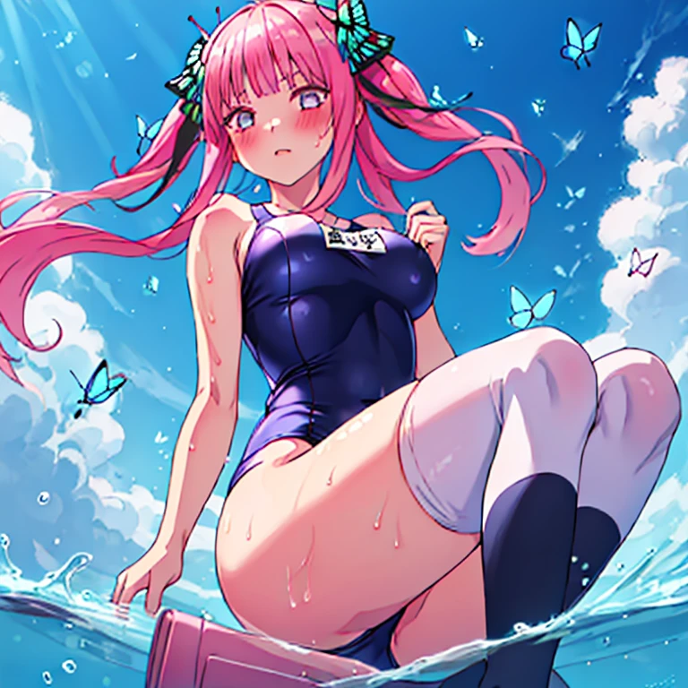 best quality, very aesthetic, Super detailed, best illustration, 1girl, おっぱい, school swim suit, kneehighs, bangs, pink_hair, blunt_bangs, hair_ornament, butterfly_hair_ornament