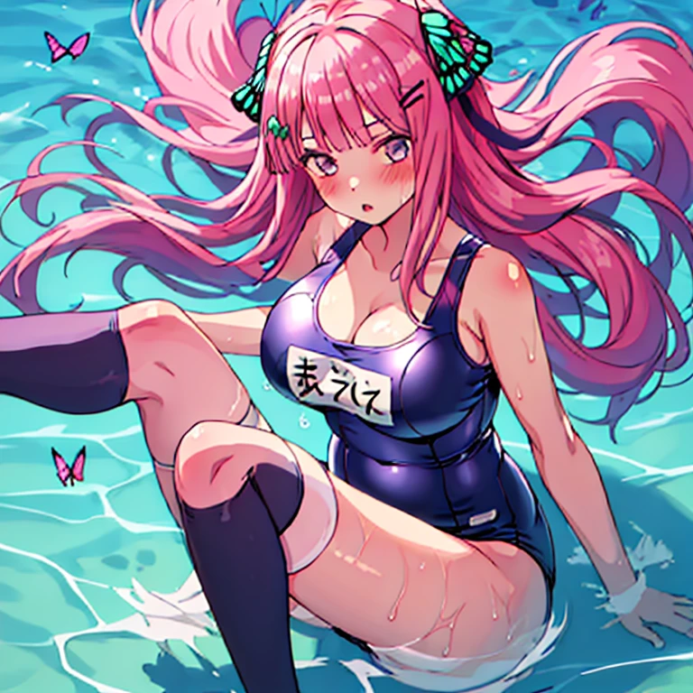 best quality, very aesthetic, Super detailed, best illustration, 1girl, おっぱい, school swim suit, kneehighs, bangs, pink_hair, blunt_bangs, hair_ornament, butterfly_hair_ornament